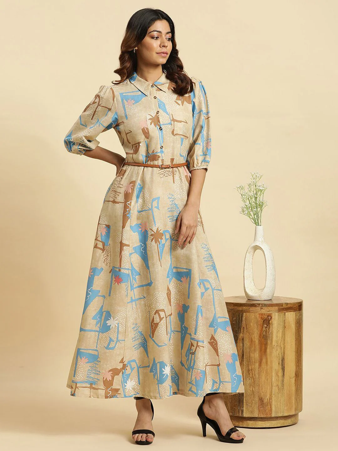 W Abstract Printed Belted Detailed Shirt Collar Puff Sleeves A-Line Maxi Dress - Image 6