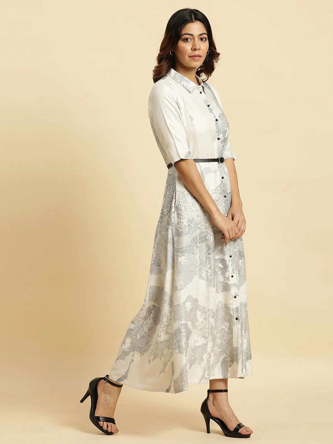 W Abstract Printed Belted Detailed Shirt Collar Shirt Style Dress - Image 3
