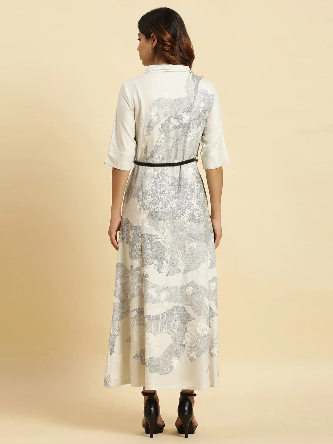 W Abstract Printed Belted Detailed Shirt Collar Shirt Style Dress - Image 4