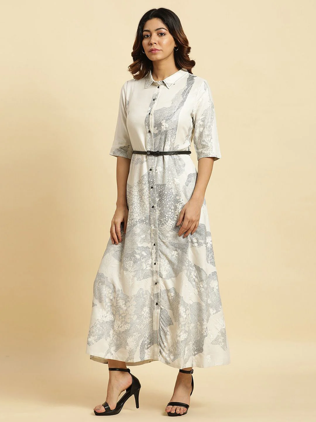 W Abstract Printed Belted Detailed Shirt Collar Shirt Style Dress - Image 5