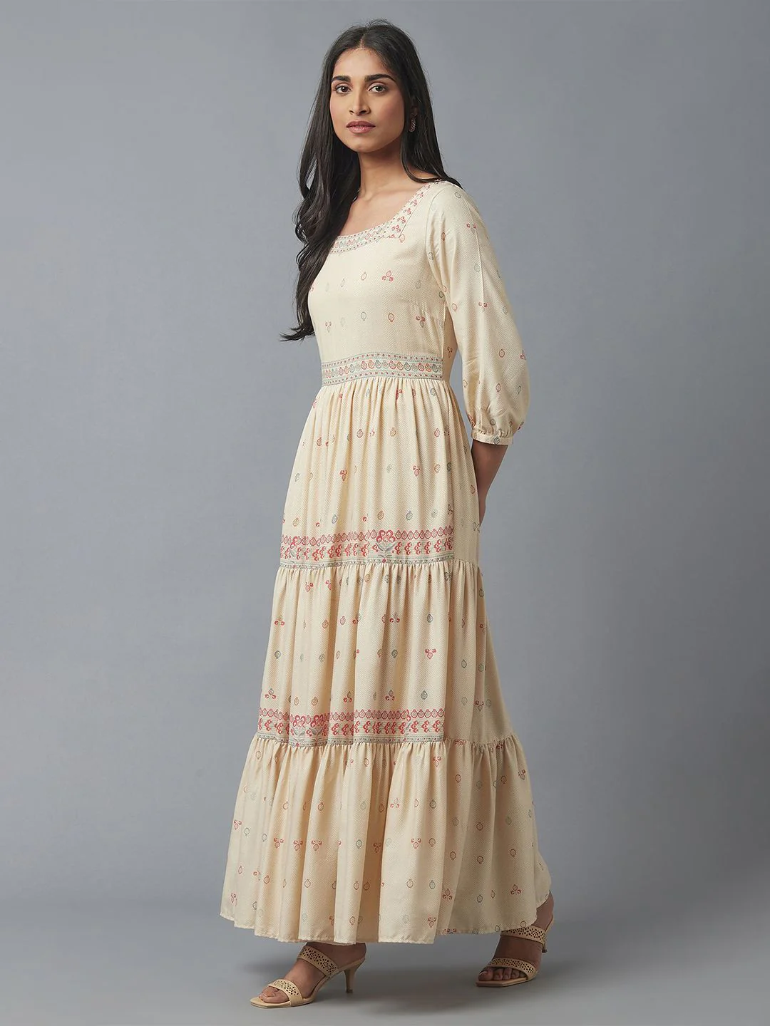 W Beige & Maroon Ethnic Motifs Maxi Dress - Image 3
