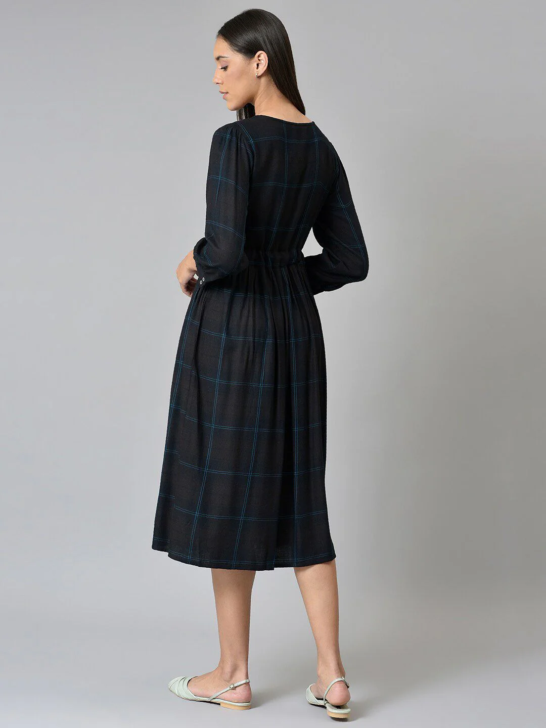 W Black Checked A-Line Midi Dress - Image 4