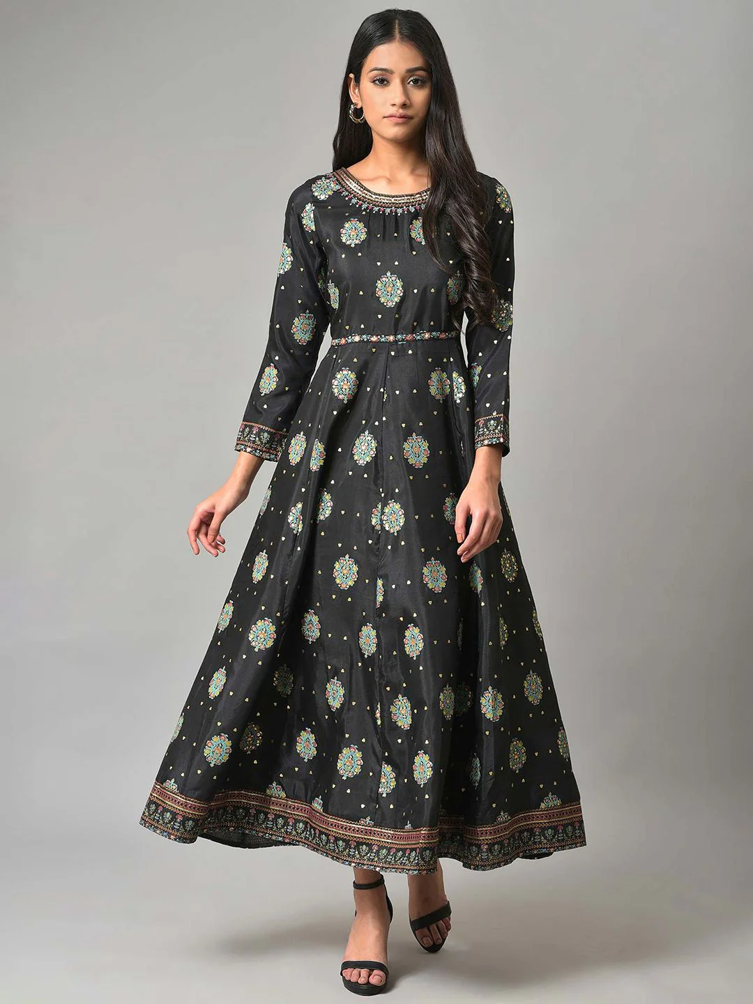 W Black Ethnic Motifs Maxi Ethnic Dress
