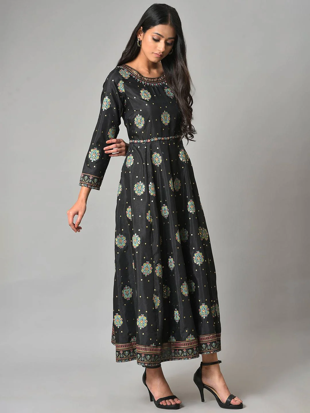 W Black Ethnic Motifs Maxi Ethnic Dress - Image 3