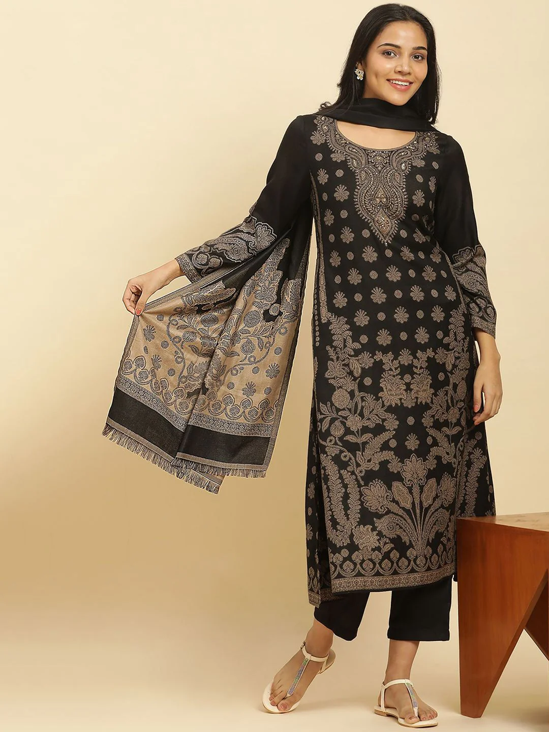 W Black Floral Woven Design Regular Sequinned Straight Kurta With Trouser With Dupatta - Image 6
