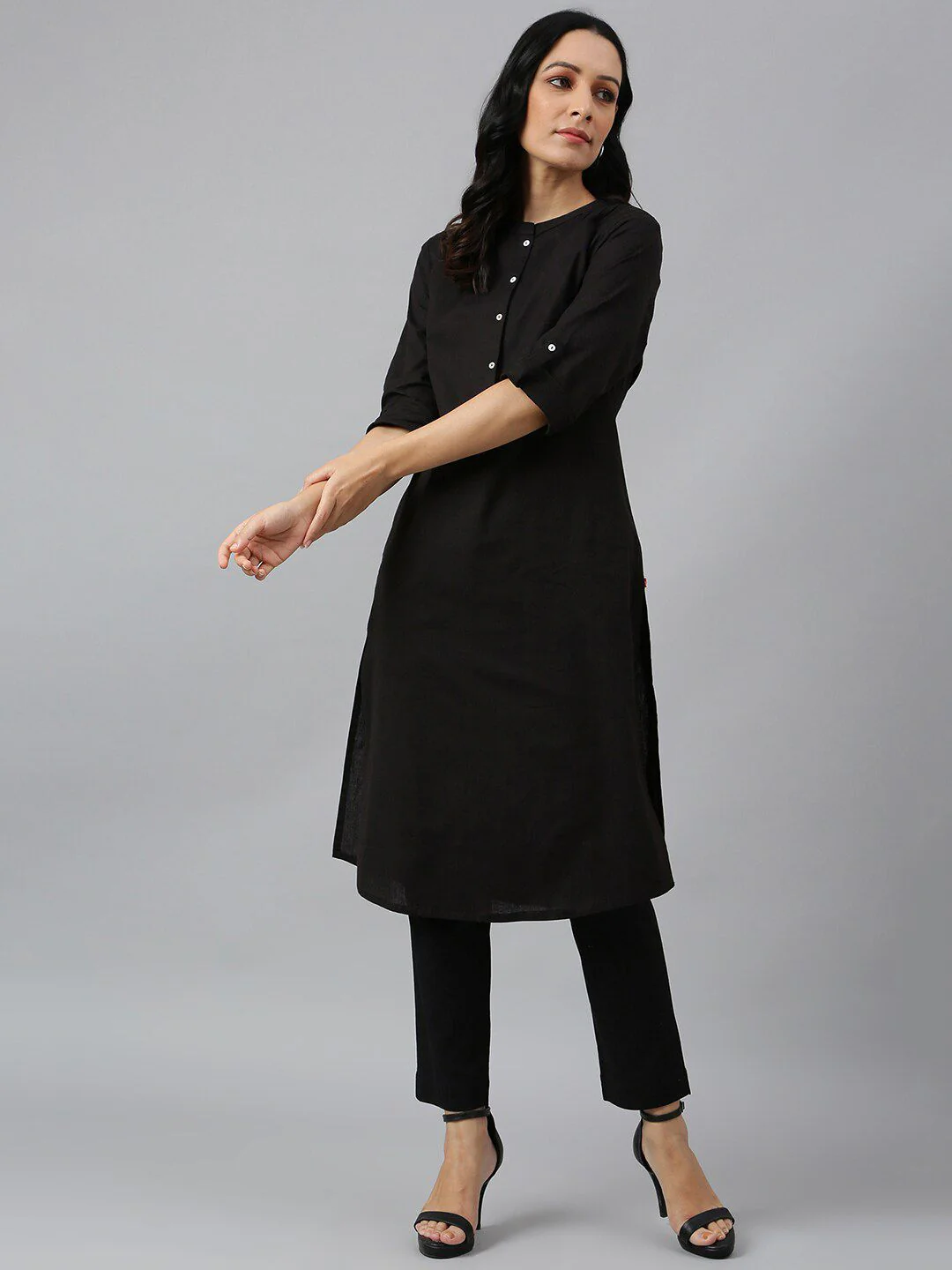 W Black Mandarin Collar Roll-Up Sleeves Kurta - Image 2