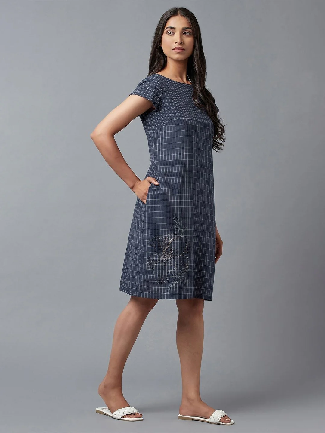 W Blue Checked Pure Cotton Sheath Dress - Image 3