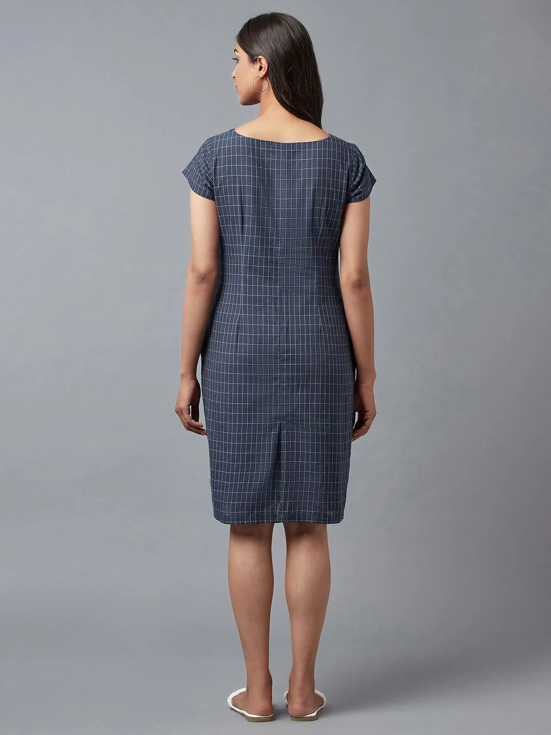 W Blue Checked Pure Cotton Sheath Dress - Image 4