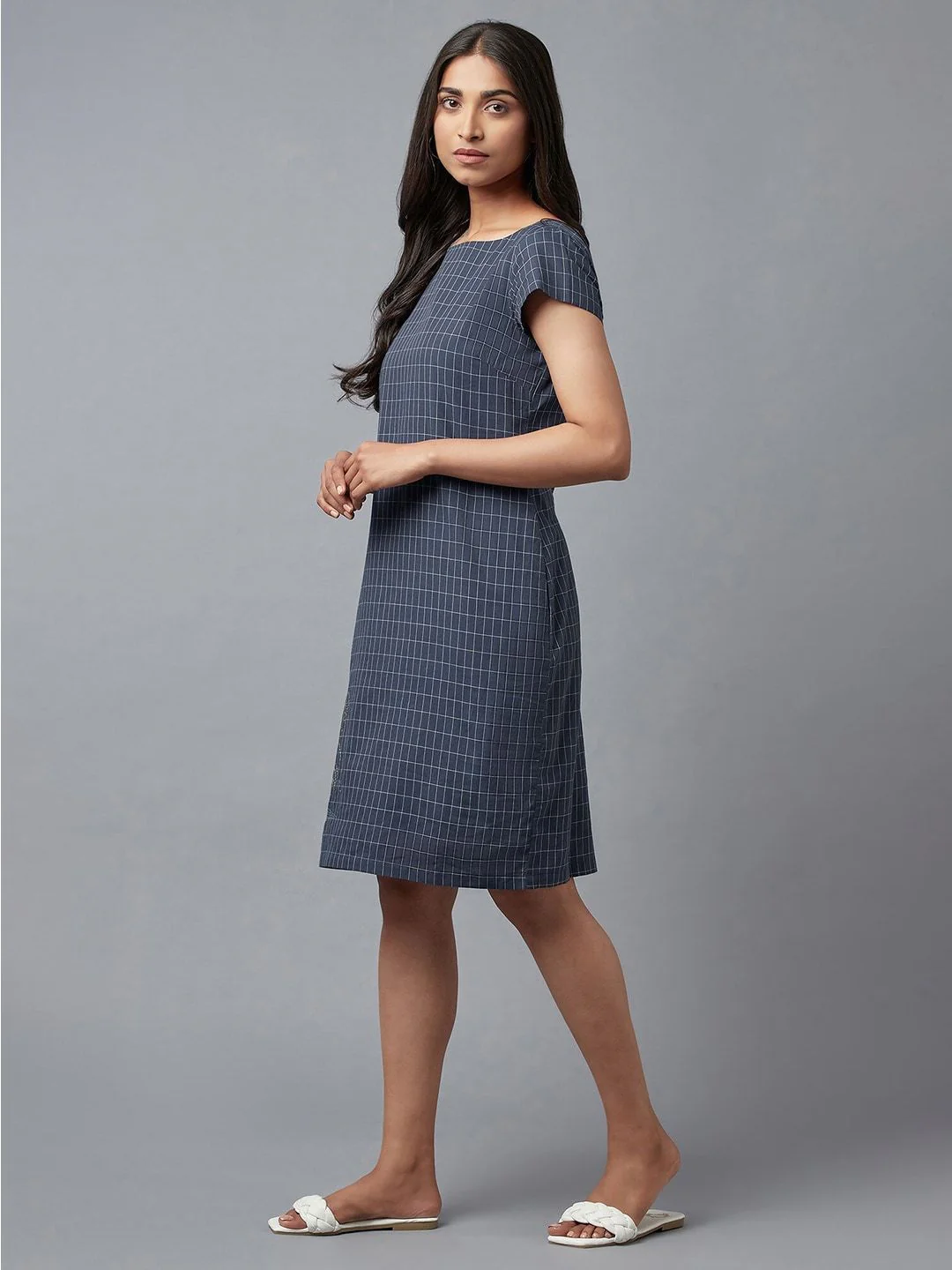 W Blue Checked Pure Cotton Sheath Dress - Image 5