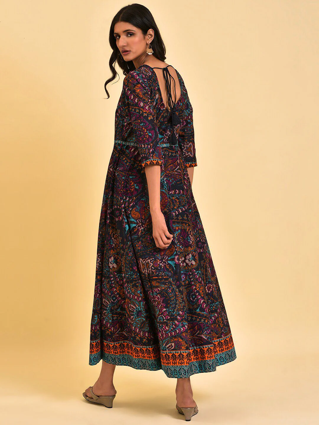 W Blue Ethnic Motifs Printed Embroidered Pure Cotton Maxi Ethnic Dress - Image 4