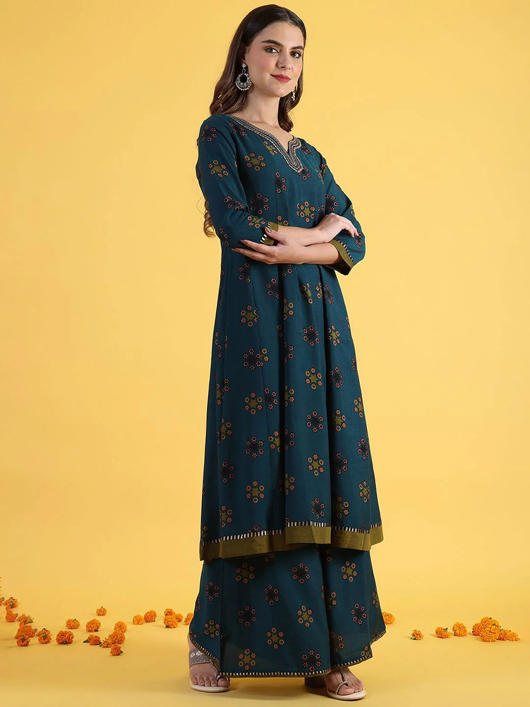 W Blue Ethnic Motifs Printed Notch Neck A-Line Kurta With Palazzos And Dupatta - Image 3