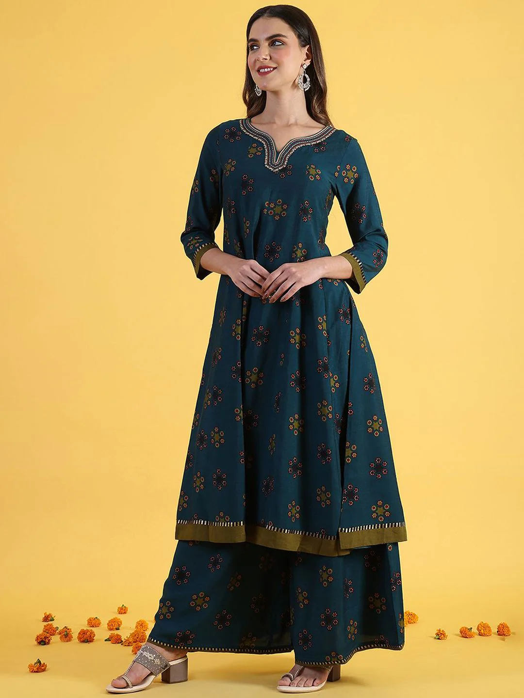 W Blue Ethnic Motifs Printed Notch Neck A-Line Kurta With Palazzos And Dupatta - Image 5