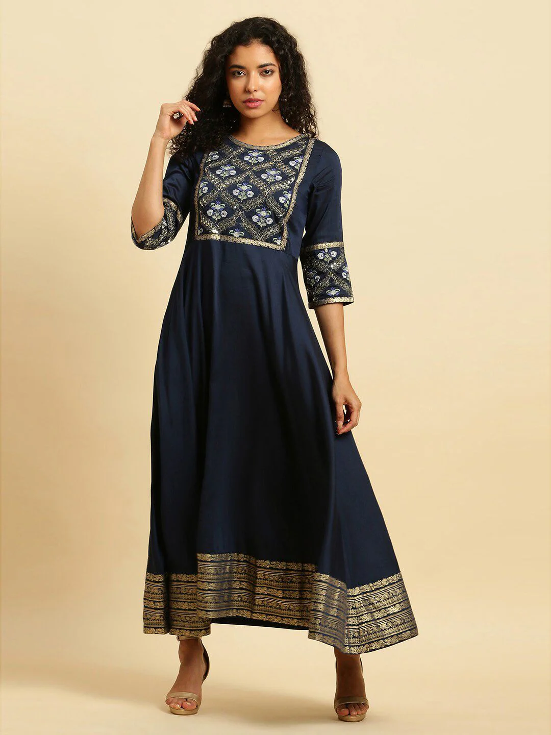 W Blue Floral Embroidered Sequined Maxi Ethnic Dress