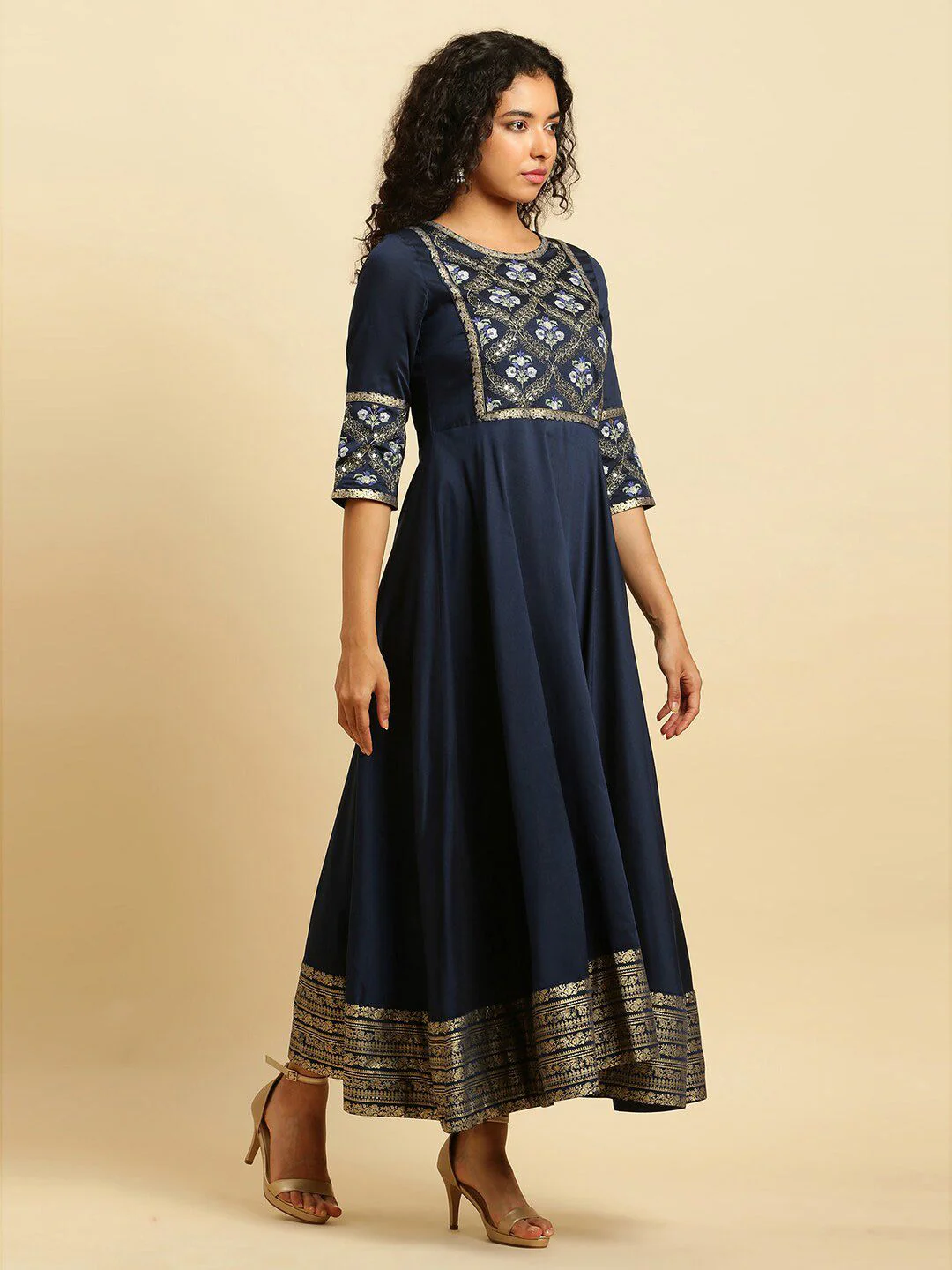 W Blue Floral Embroidered Sequined Maxi Ethnic Dress - Image 3