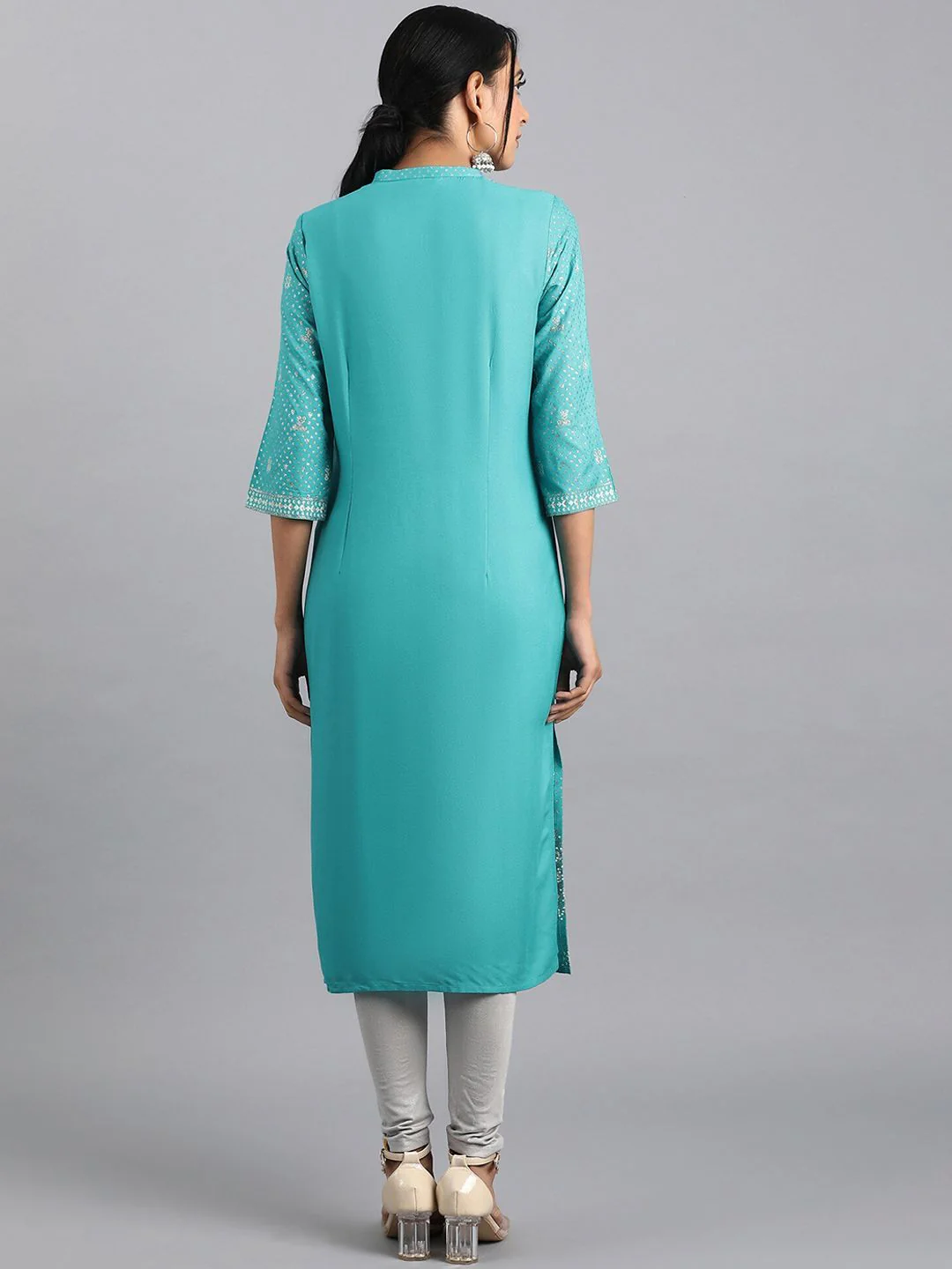 W Blue Floral Printed Keyhole Neck Straight Kurta - Image 6