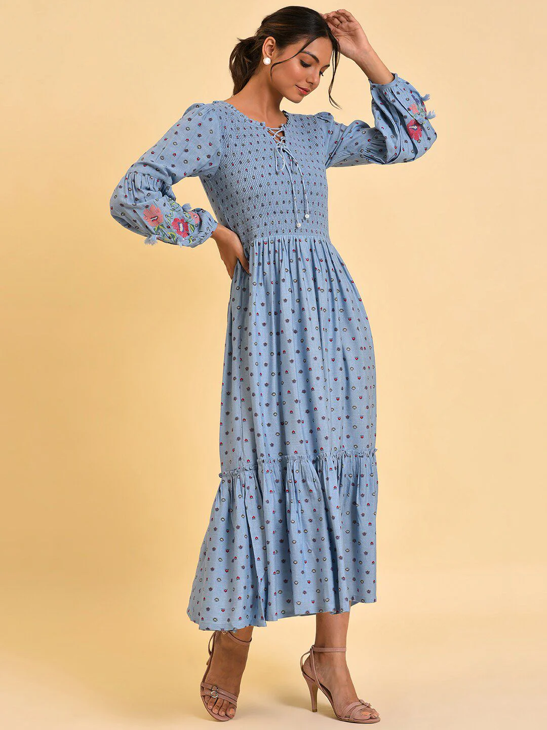 W Blue Floral Printed Smocked Maxi Dress - Image 3