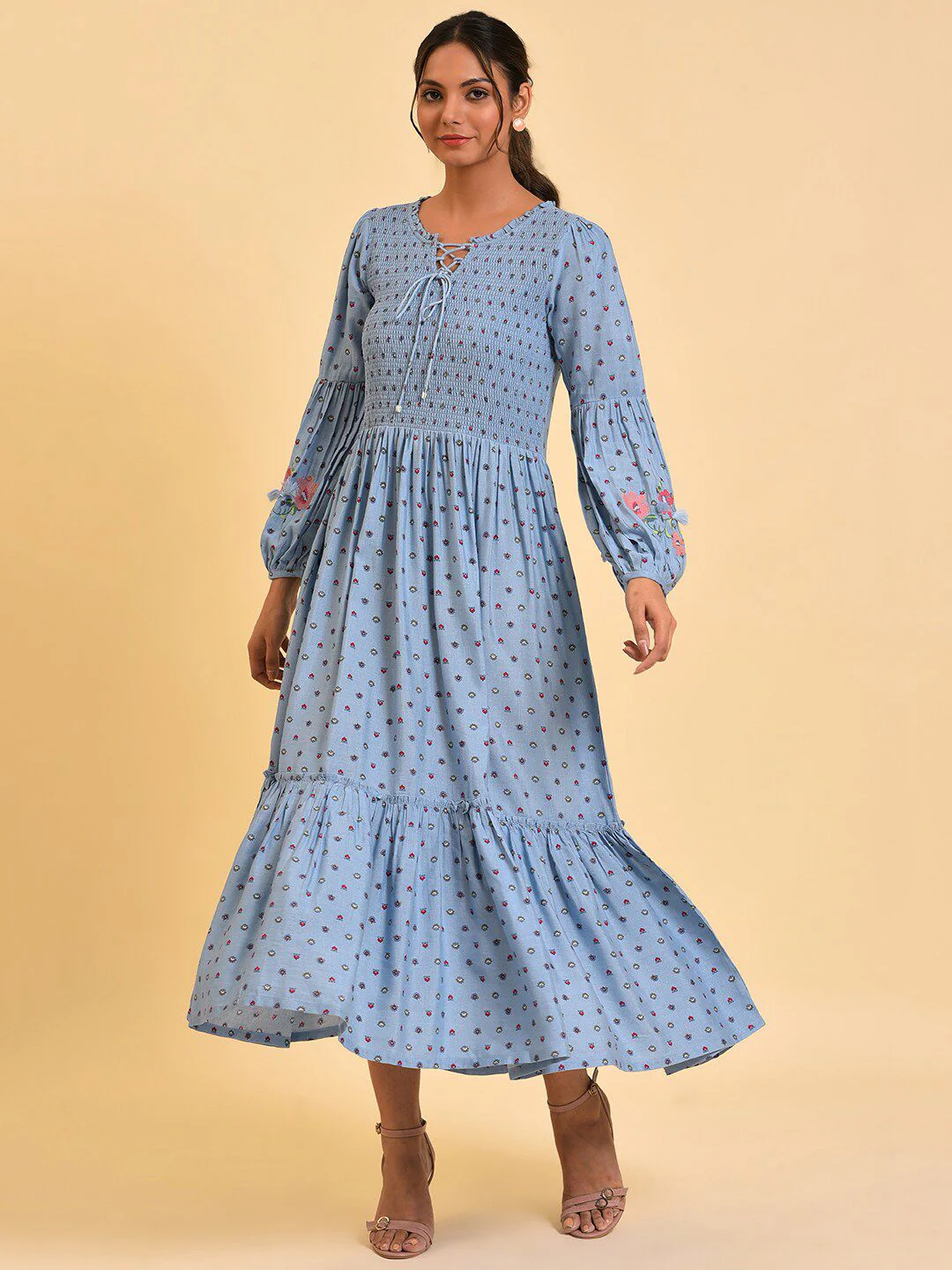 W Blue Floral Printed Smocked Maxi Dress - Image 6
