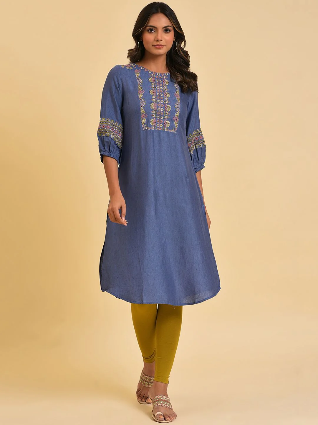 W Blue & Mustard Yellow Geometric Embroidered Kurta - Image 2