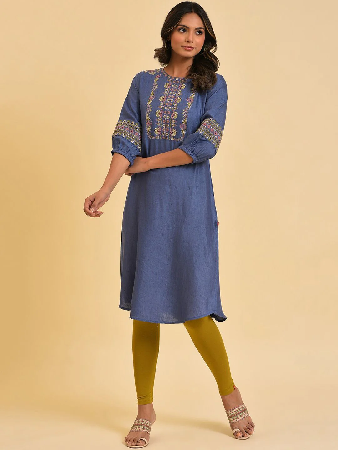 W Blue & Mustard Yellow Geometric Embroidered Kurta - Image 3