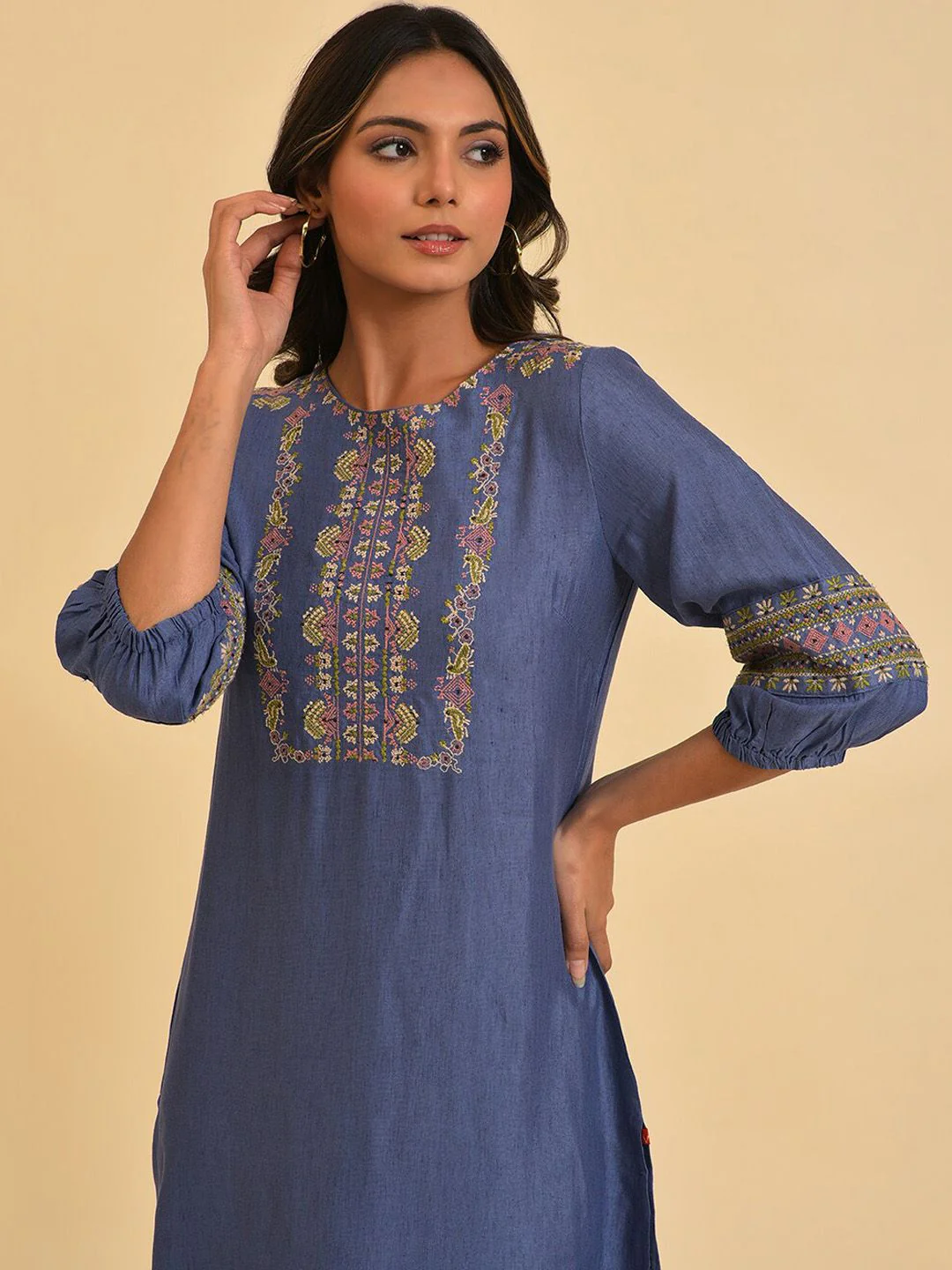 W Blue & Mustard Yellow Geometric Embroidered Kurta - Image 4
