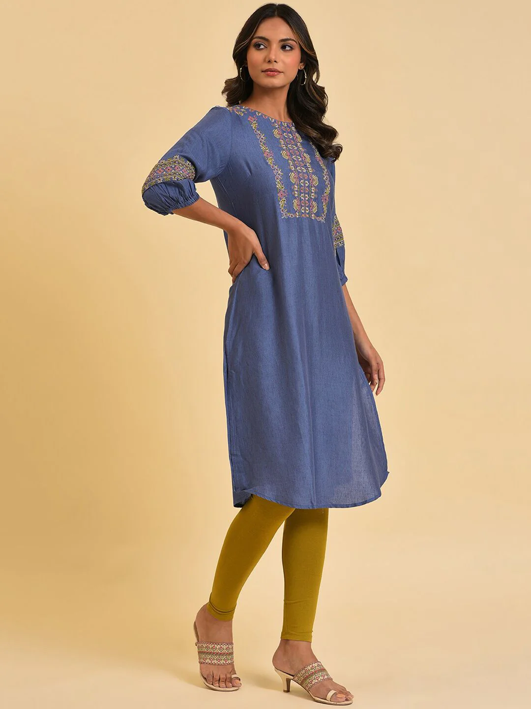 W Blue & Mustard Yellow Geometric Embroidered Kurta - Image 5