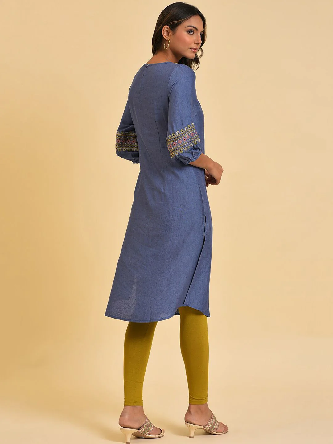 W Blue & Mustard Yellow Geometric Embroidered Kurta - Image 6