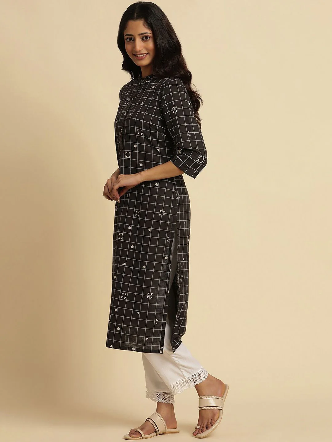 W Checked Mandarin Collar Pure Cotton Straight Kurta - Image 5