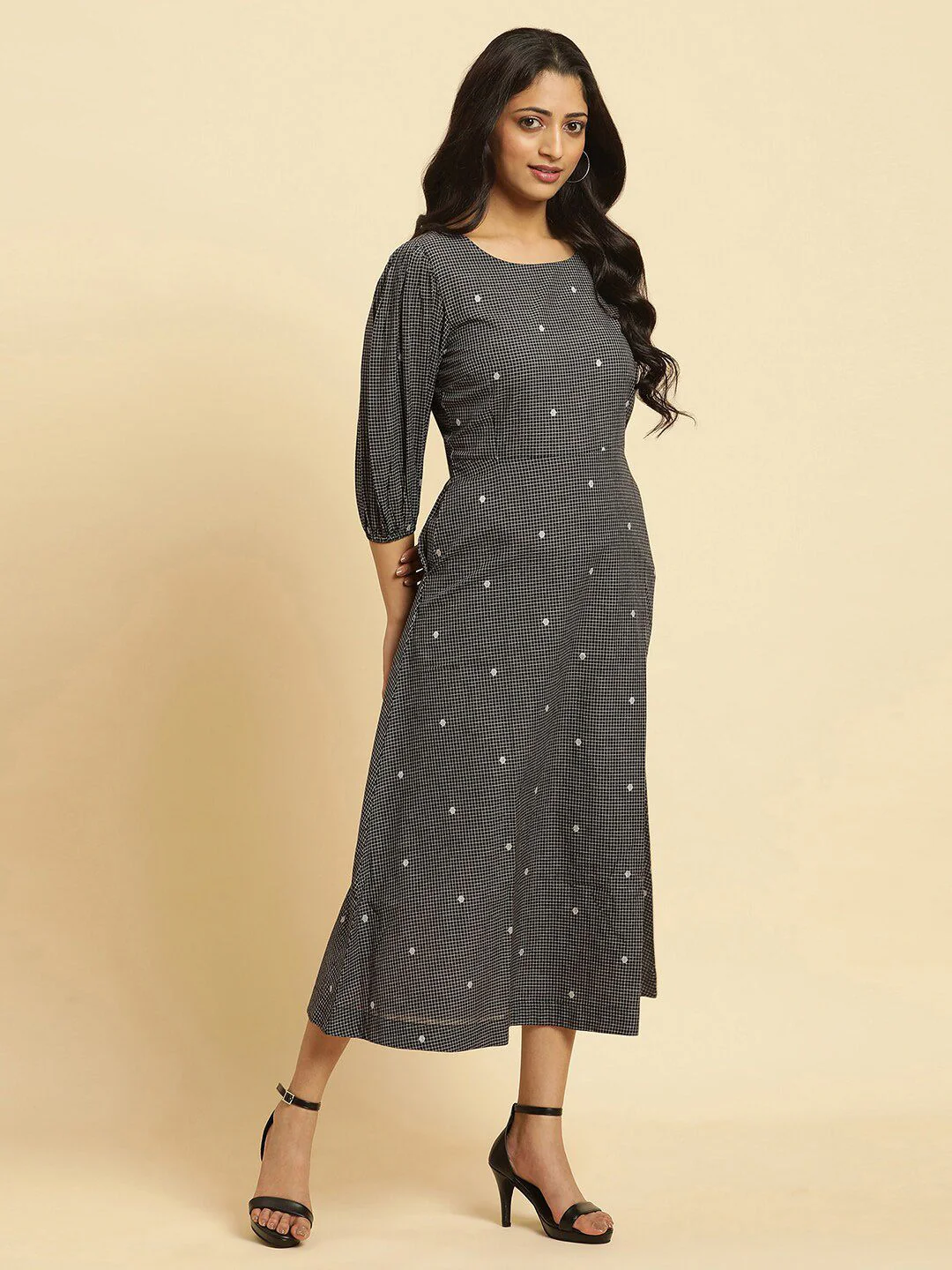 W Checked Puff Sleeves A-Line Pure Cotton Midi Dress - Image 3
