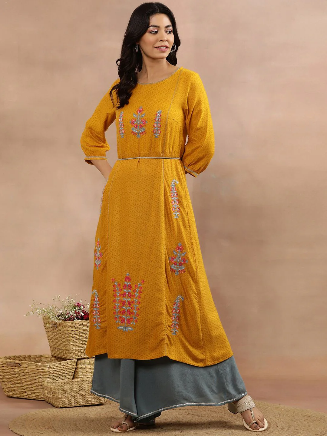 W Ethnic Motifs Embroidered Regular Mirror Work Kurta with Palazzo - Image 6