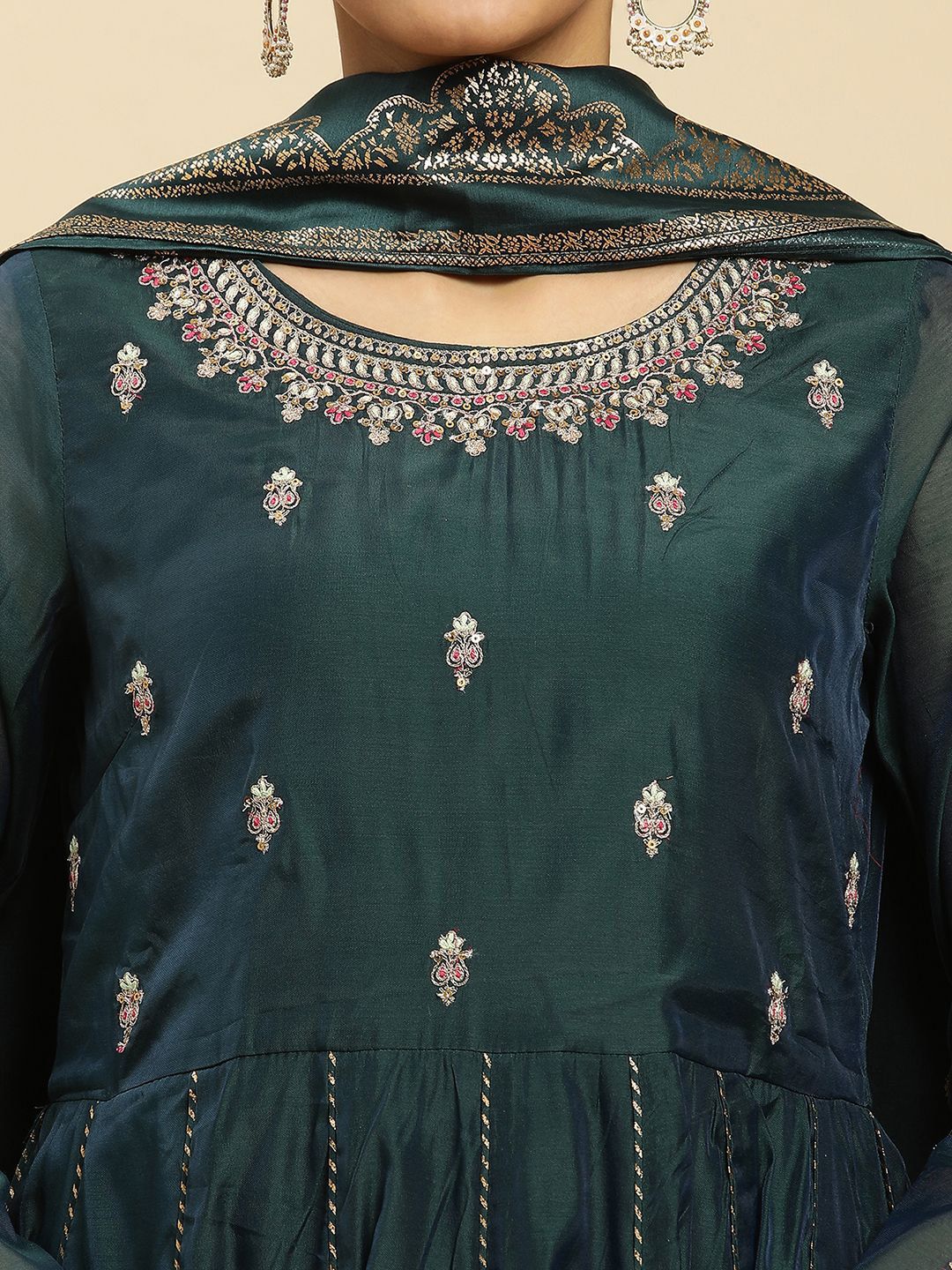 W Ethnic Motifs Embroidered Round Neck Thread Work Anarkali Kurta With Trousers & Dupatta - Image 2