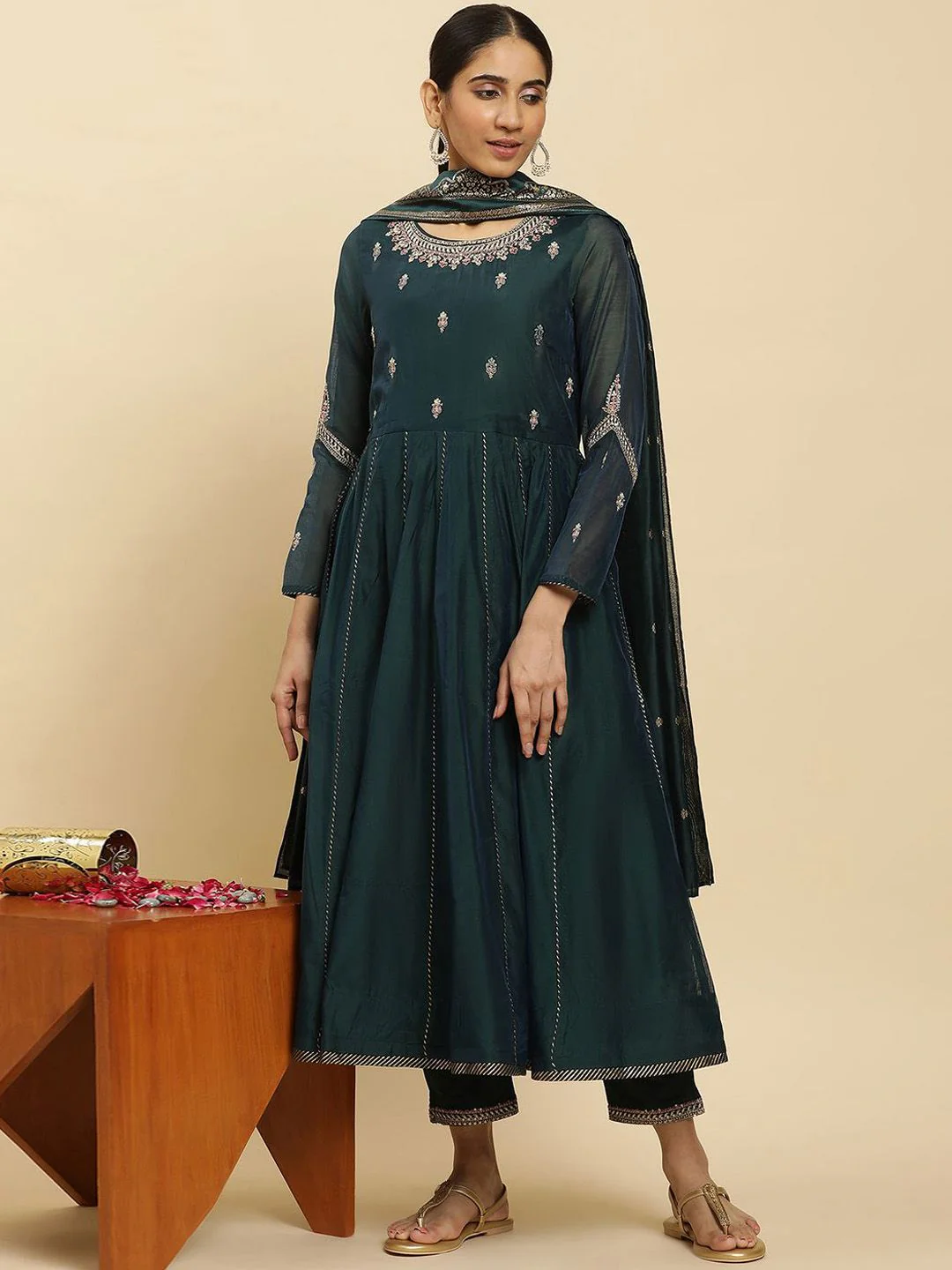 W Ethnic Motifs Embroidered Round Neck Thread Work Anarkali Kurta With Trousers & Dupatta - Image 6