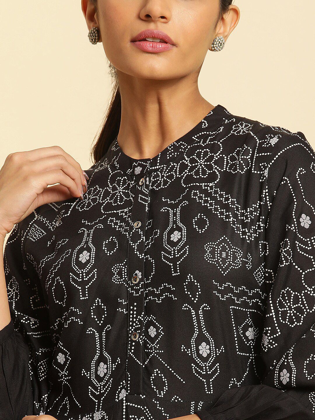 W Ethnic Motifs Printed Mandarin Collar Puff Sleeves Maxi Dress - Image 2