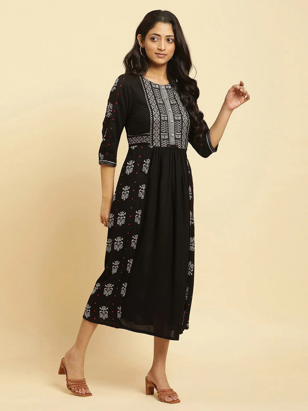 W Ethnic Motifs Printed Pleated Fit & Flare Midi Ethnic Dress - Image 2