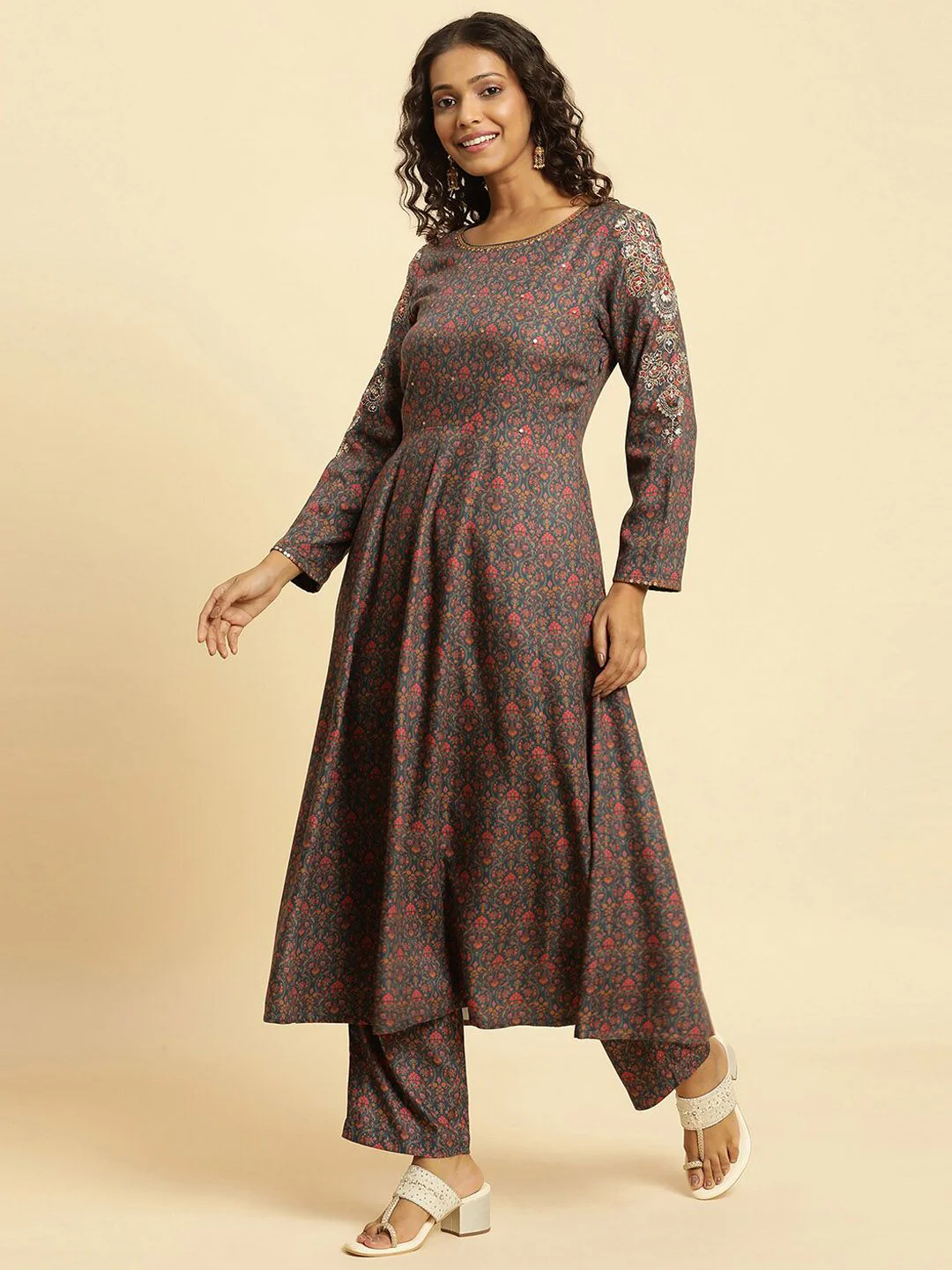 W Ethnic Motifs Printed Regular Sequinned Kurta with Trousers - Image 5