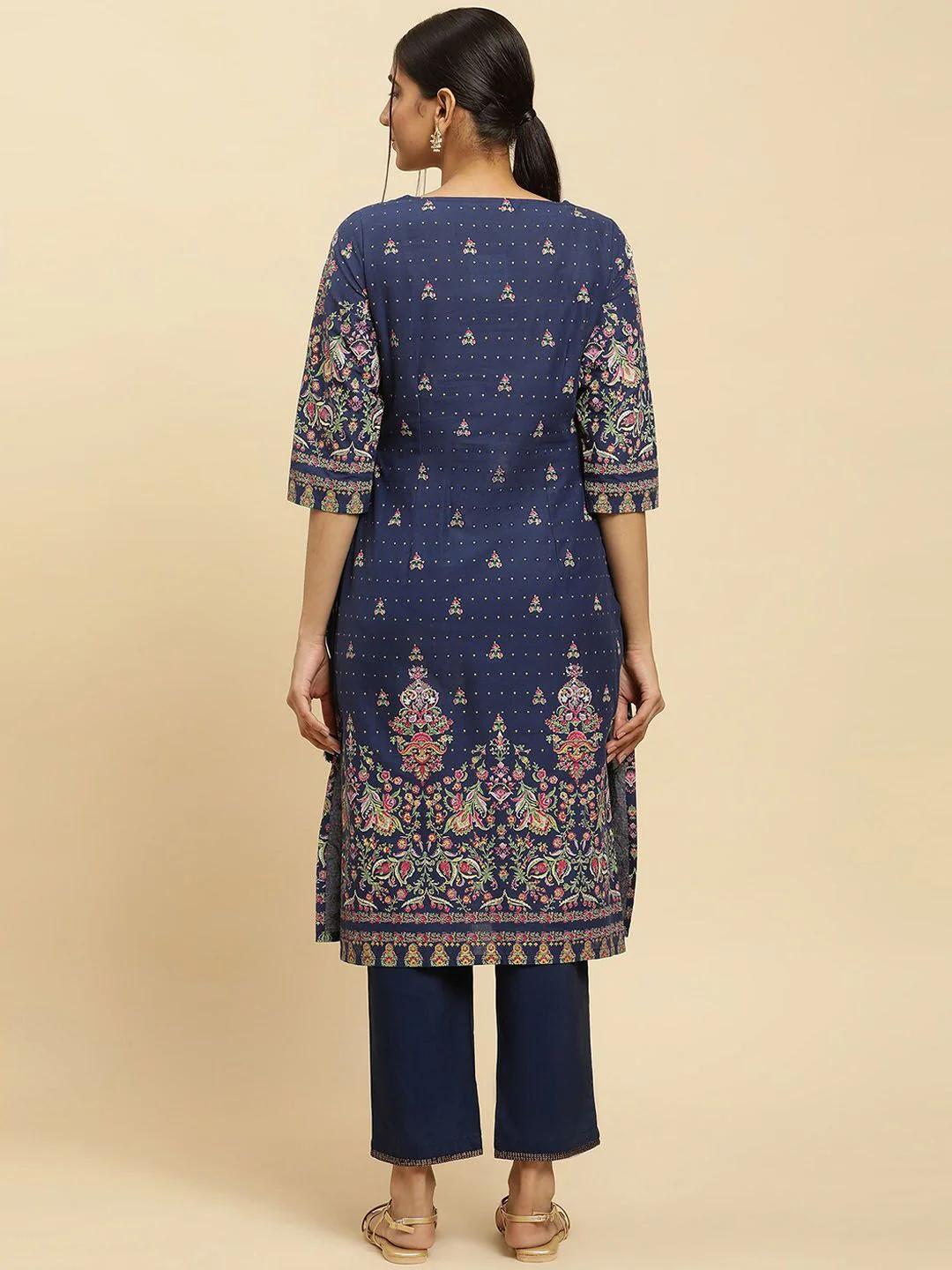 W Ethnic Motifs Printed Round Neck Pure Cotton Straight Kurta - Image 7