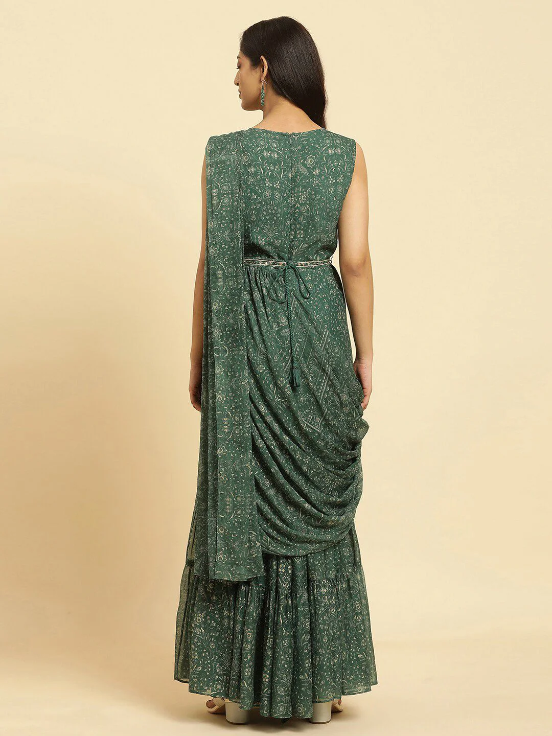 W Ethnic Motifs Printed Sequined Chiffon Tiered Maxi Ethnic Dress With Attached Dupatta - Image 4