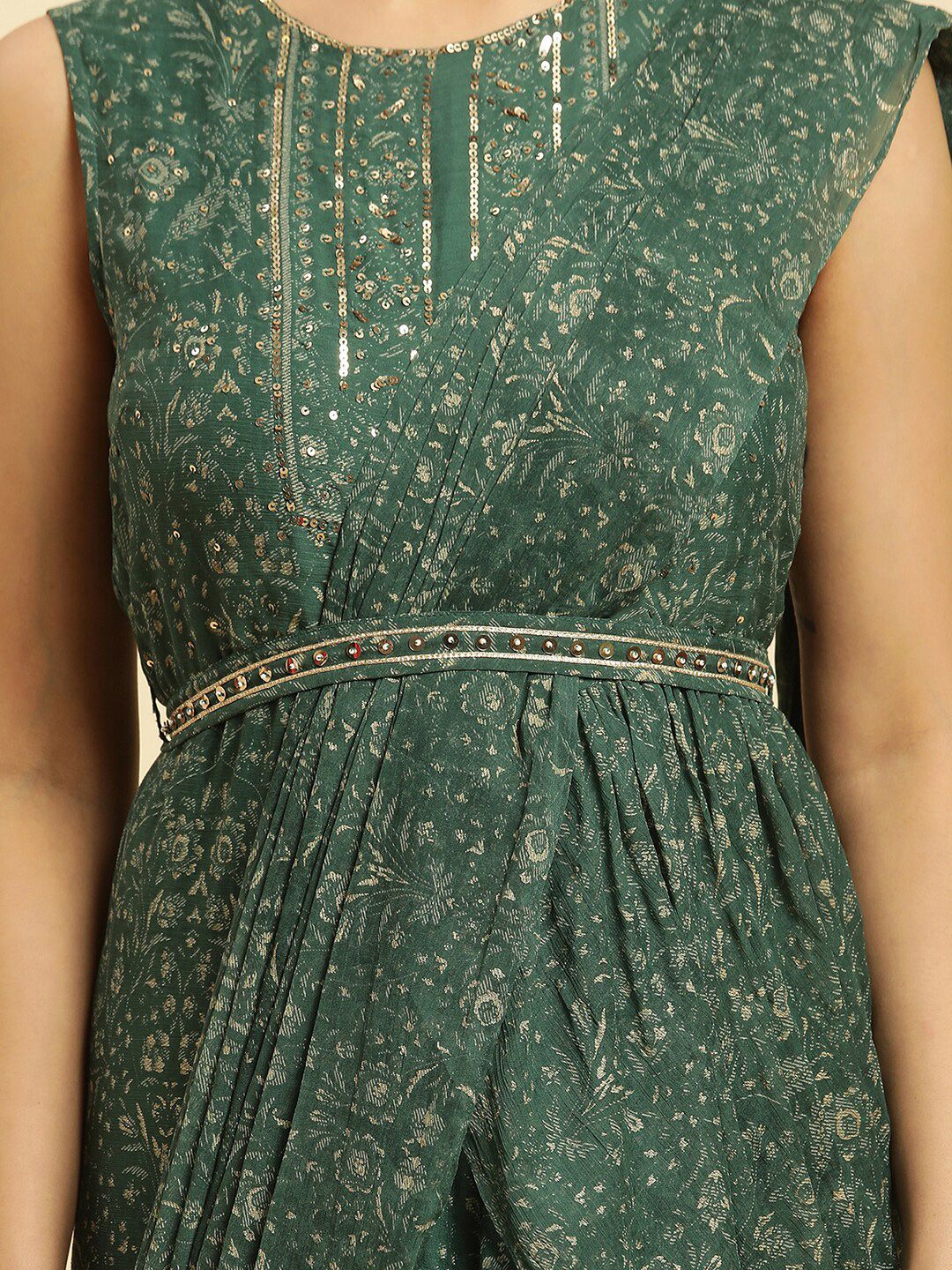 W Ethnic Motifs Printed Sequined Chiffon Tiered Maxi Ethnic Dress With Attached Dupatta - Image 7