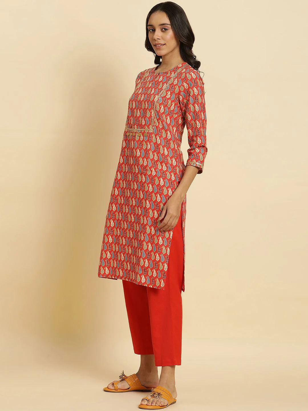 W Ethnic Motifs Printed Sequinned Pure Cotton A-Line Kurta