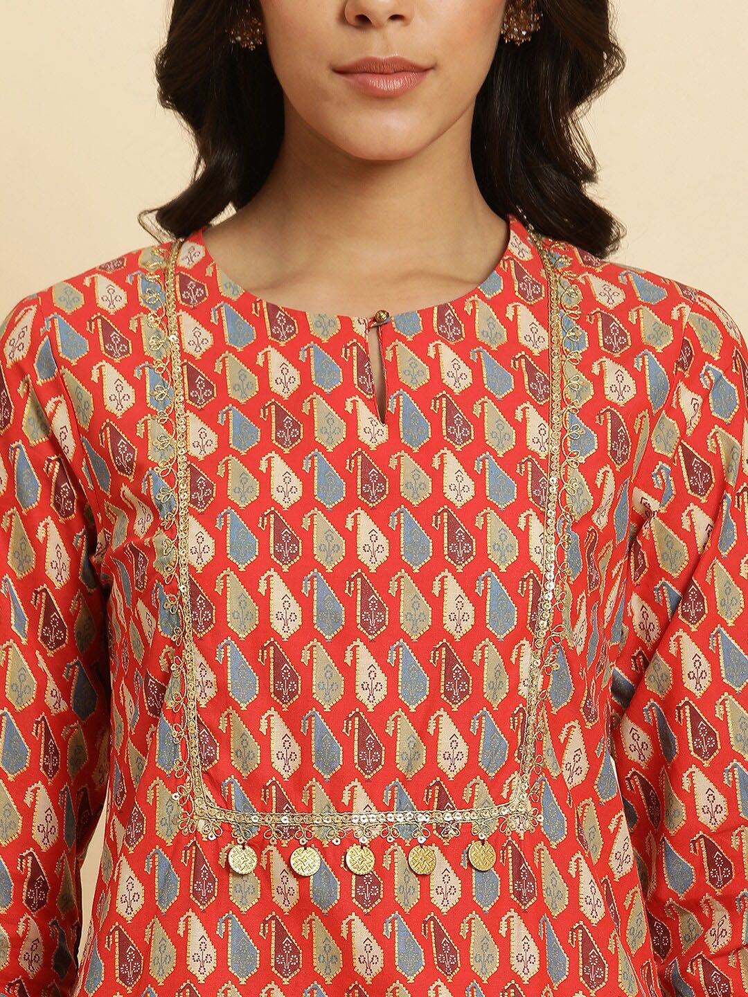 W Ethnic Motifs Printed Sequinned Pure Cotton A-Line Kurta - Image 5