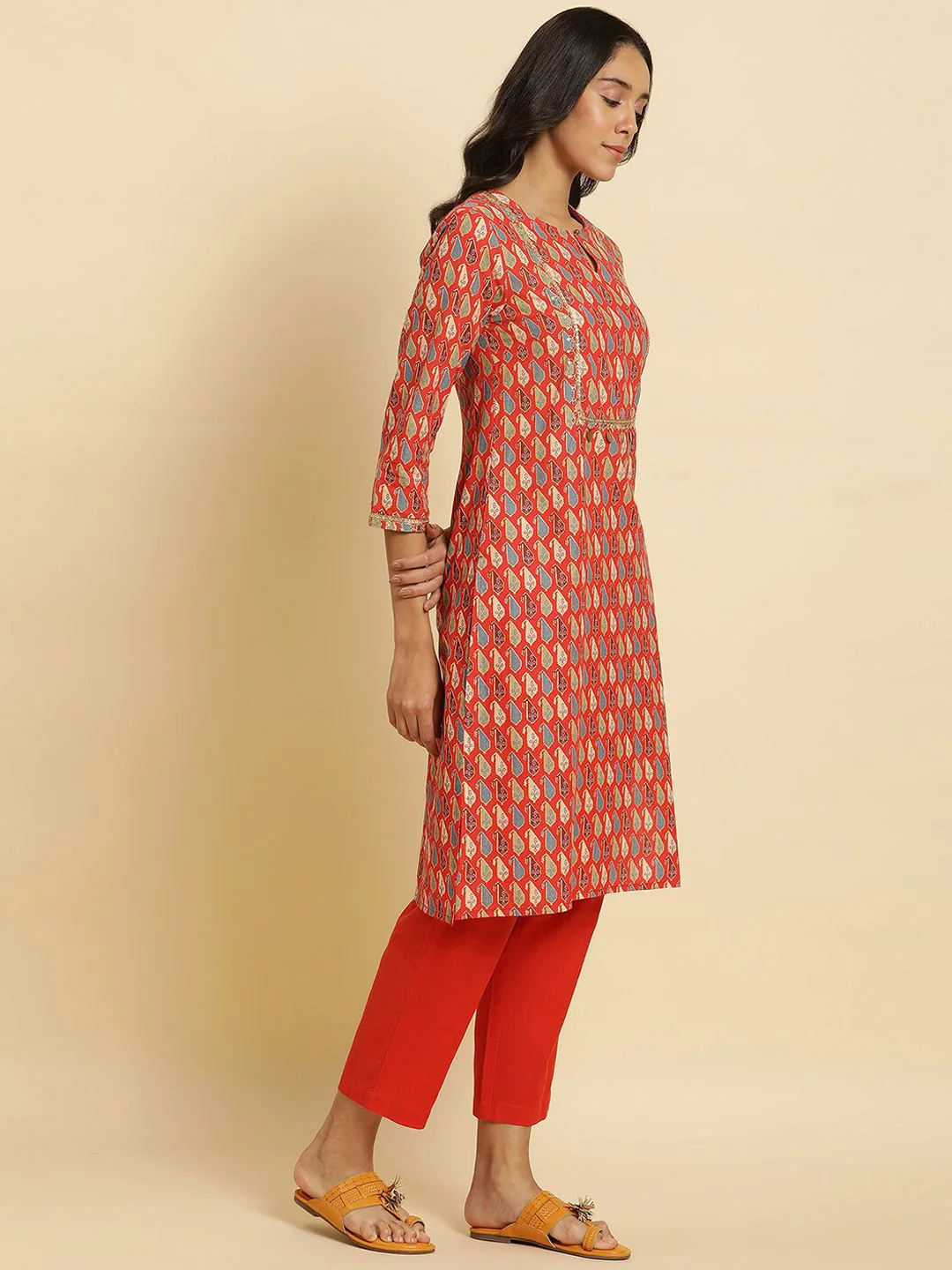 W Ethnic Motifs Printed Sequinned Pure Cotton A-Line Kurta - Image 6