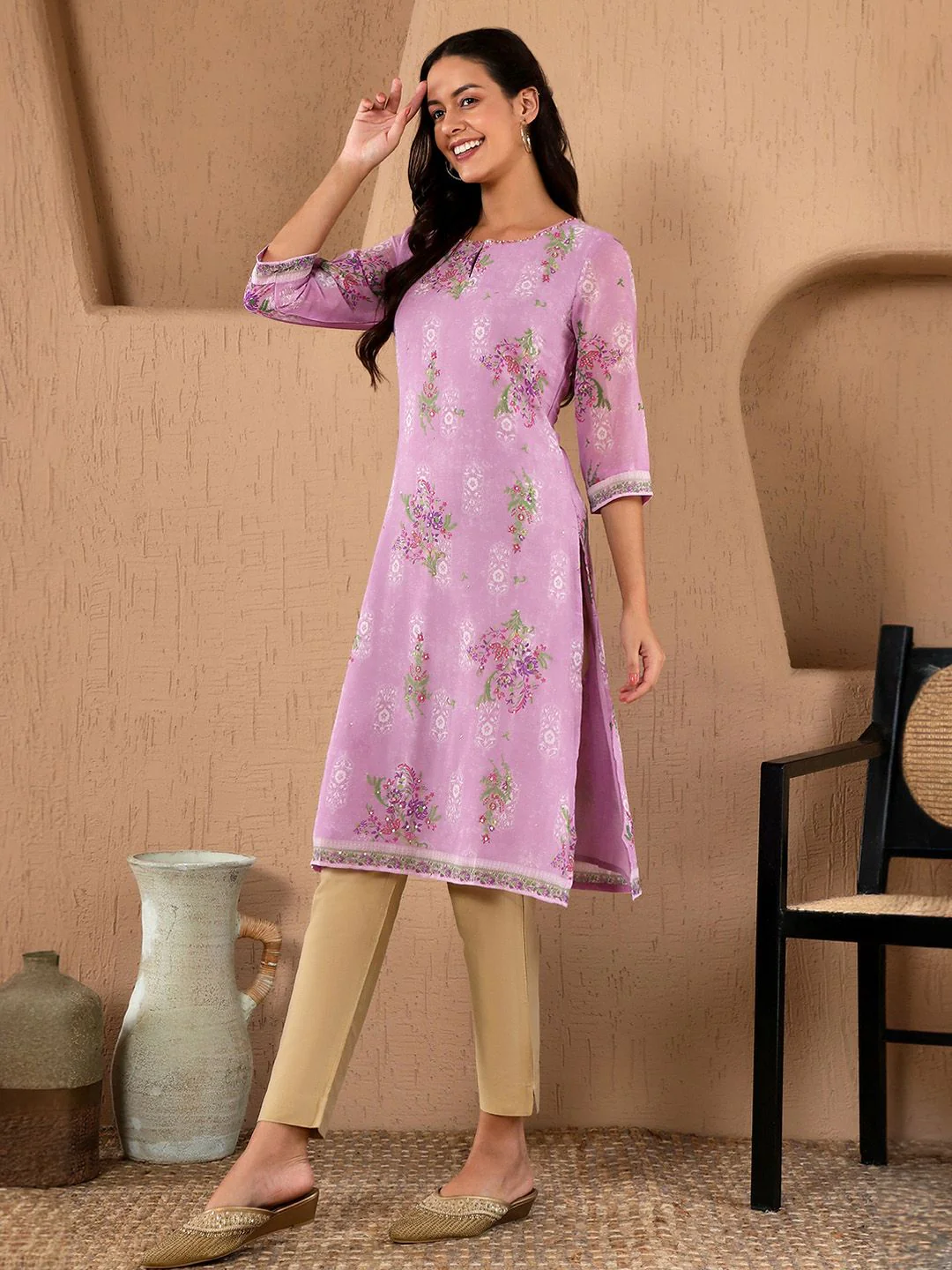 W Festive Floral Print Georgette Straight Kurta - Image 5