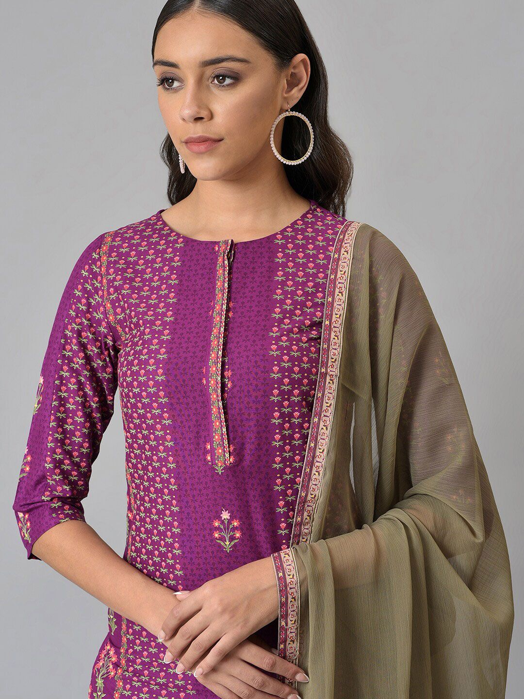 W Festive Floral Print Rayon Kurta With Straight Pant & Dupatta - Image 2