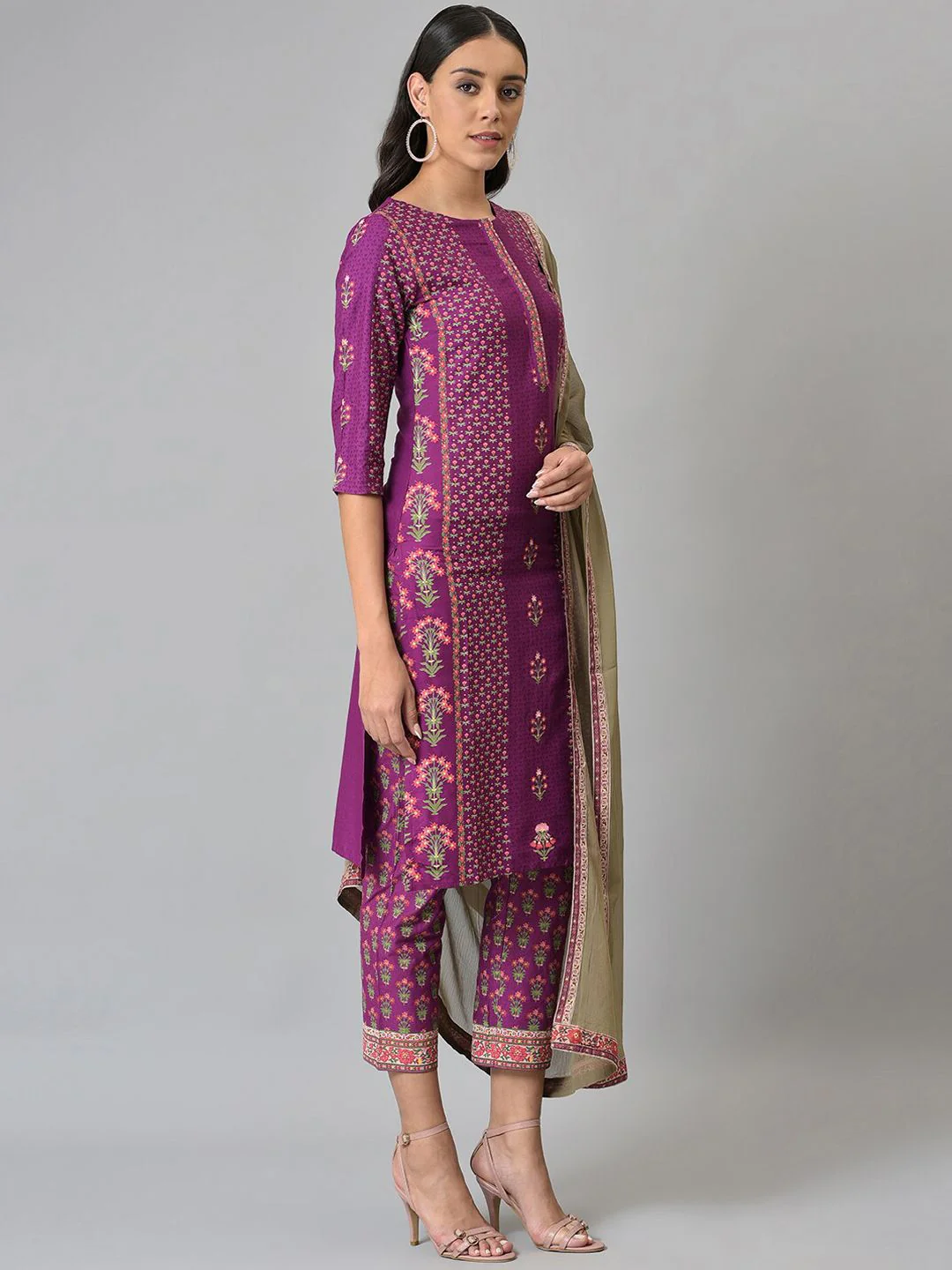 W Festive Floral Print Rayon Kurta With Straight Pant & Dupatta - Image 4