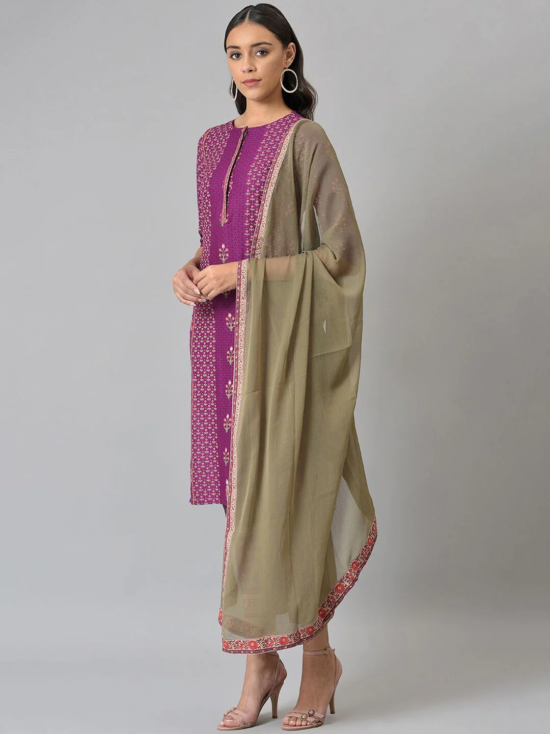W Festive Floral Print Rayon Kurta With Straight Pant & Dupatta - Image 7