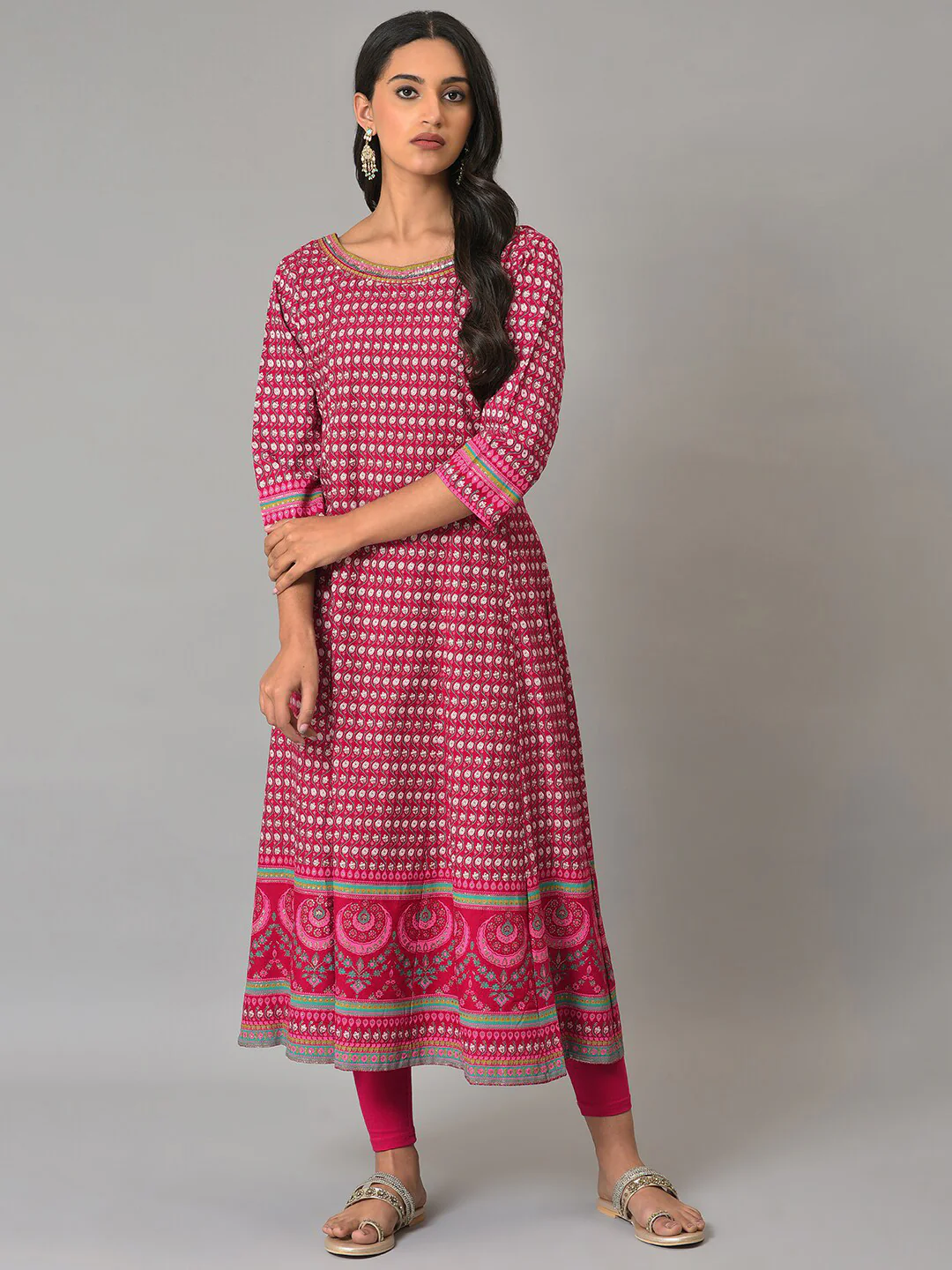W Festive Floral Print Rayon Kurta With Tight