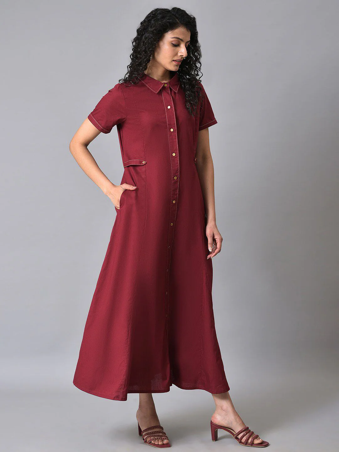 W Flared Hem Pure Cotton Shirt Maxi Dress - Image 3
