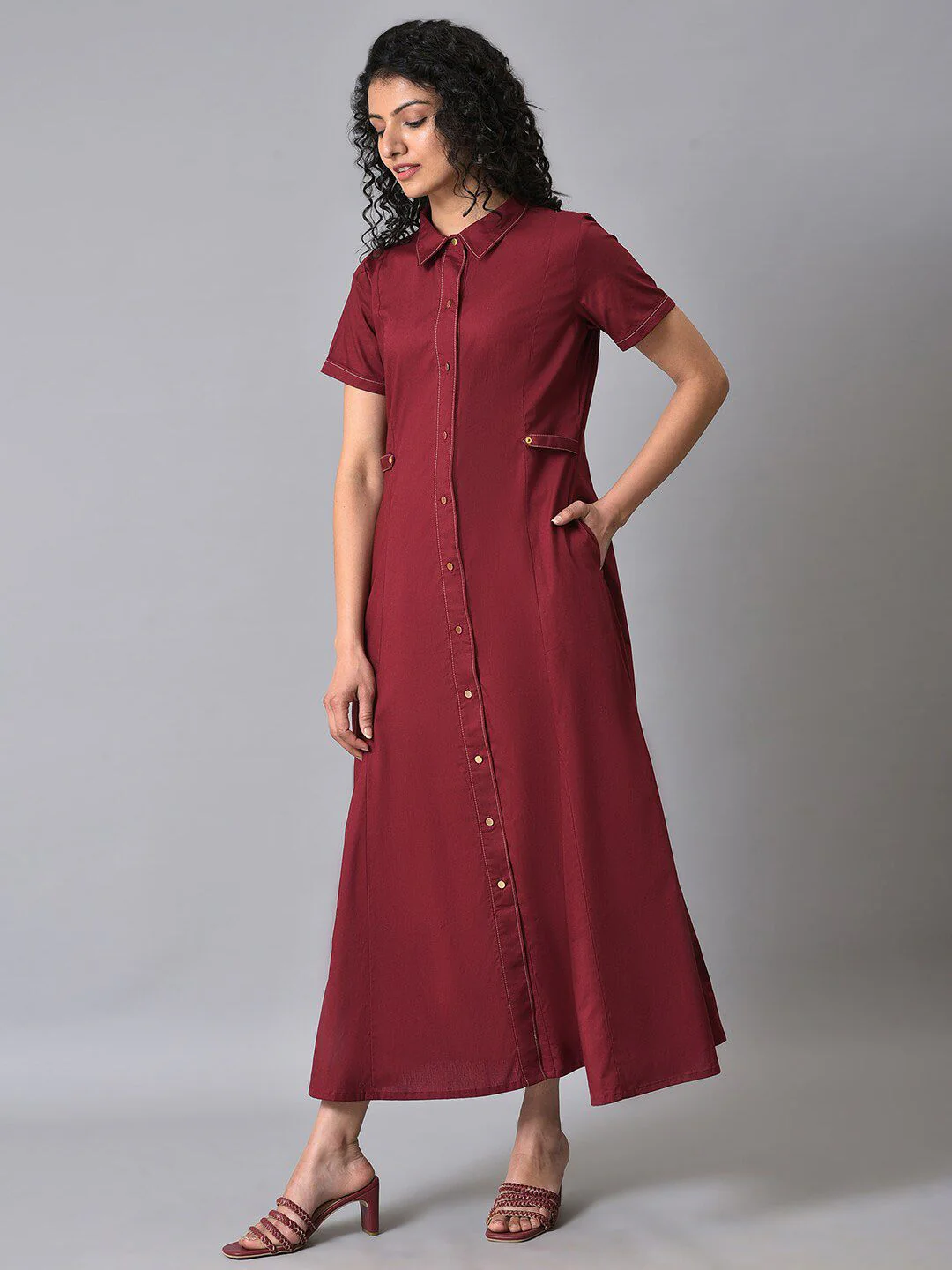 W Flared Hem Pure Cotton Shirt Maxi Dress - Image 5