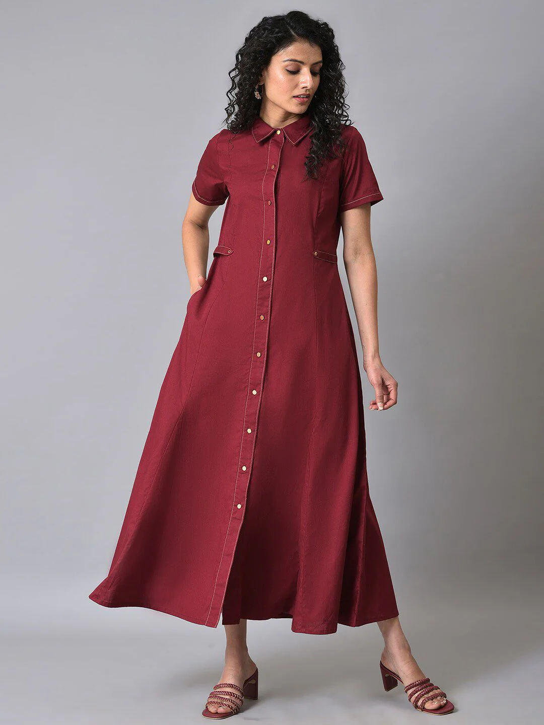 W Flared Hem Pure Cotton Shirt Maxi Dress - Image 6