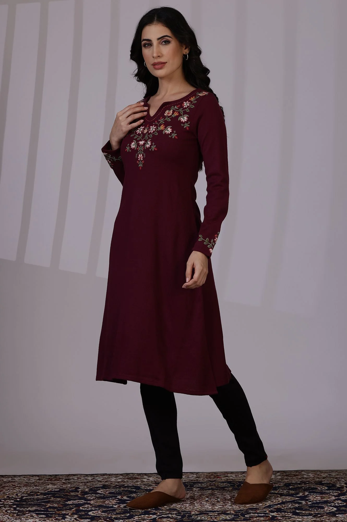W Floral Embroidered Notch Neck A-Line Kurta - Image 3
