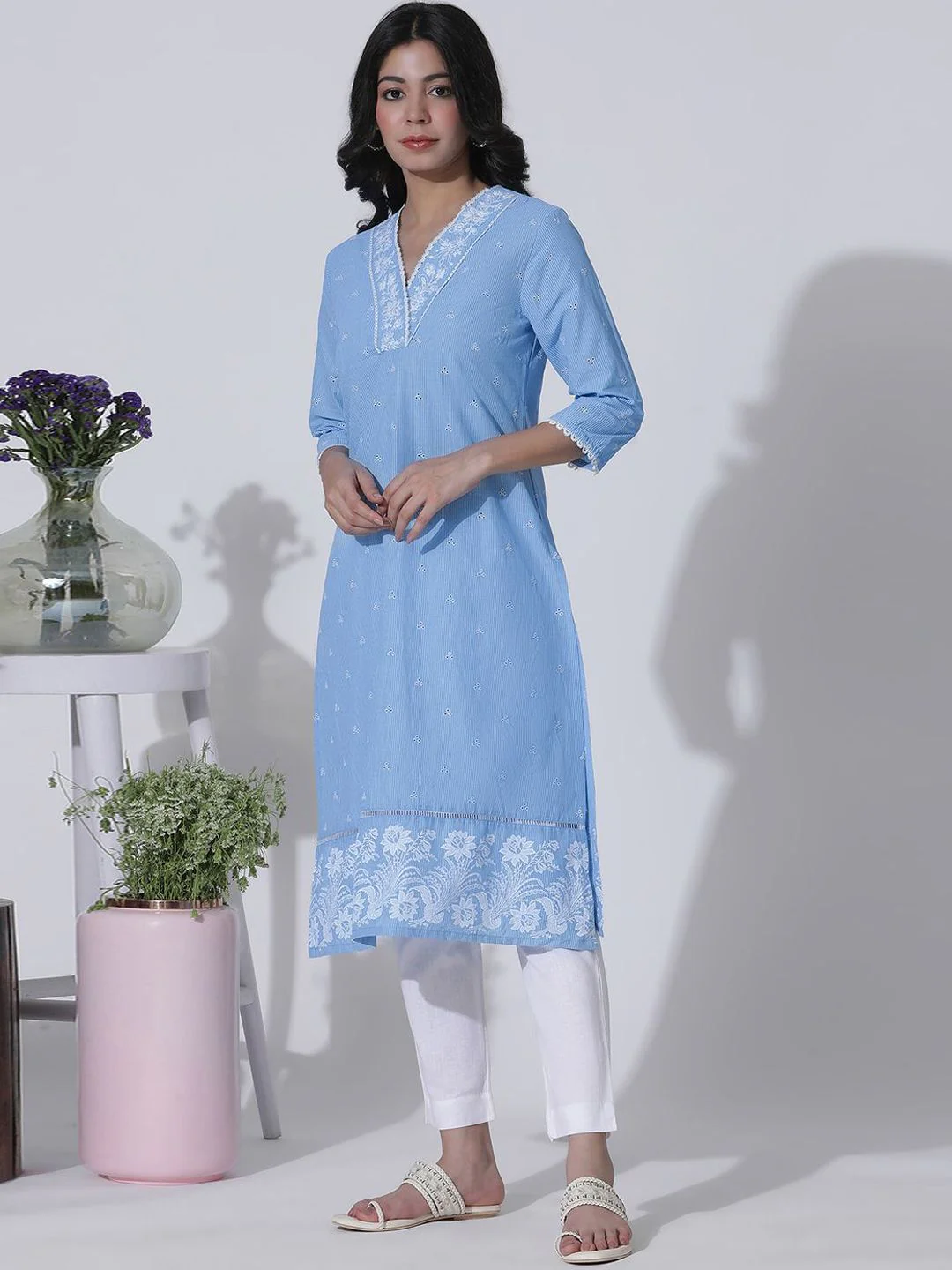W Floral Embroidered V-Neck Cotton Straight Kurta - Image 5